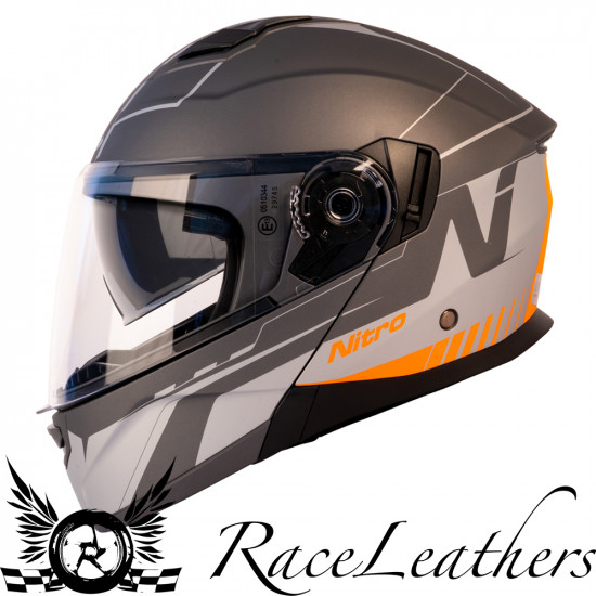 Nitro F350 Analog Satin Gun/Light Grey/Flo Orange Flip Front Motorcycle Helmets - SKU 8030281