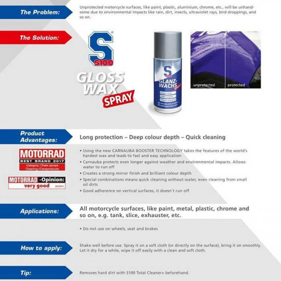 S100 Gloss Wax Spray - 250ml Road Bike Accessories - SKU DW2470