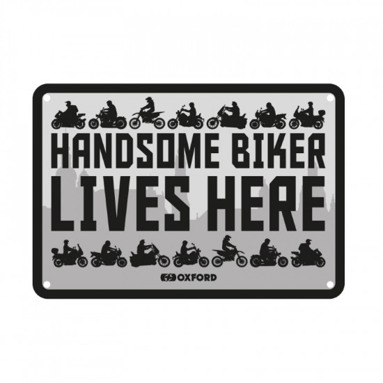 Oxford Garage Metal Sign: Handsome Biker Lives Here